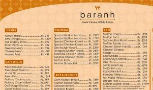 Baranh Rooftop Lahore Menu